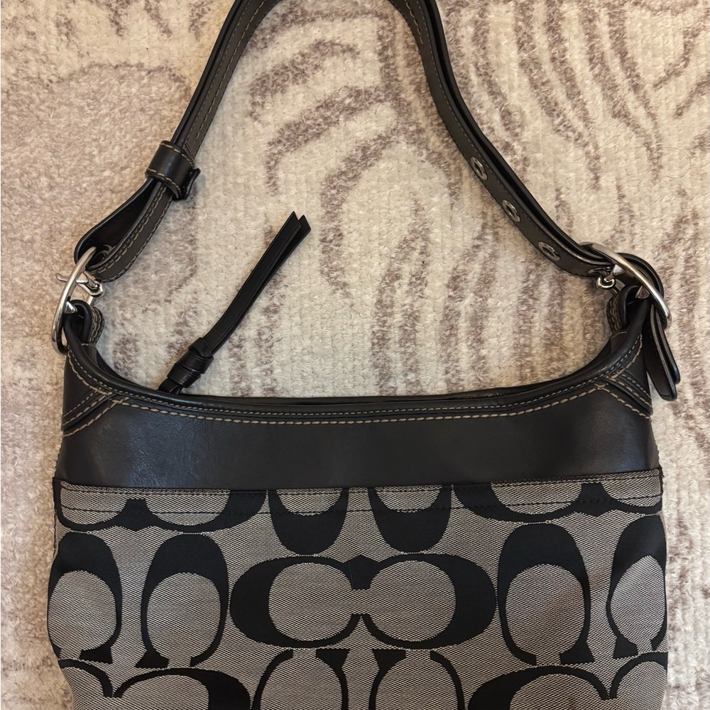 COACH Black leather and canvas monogram shoulder bag